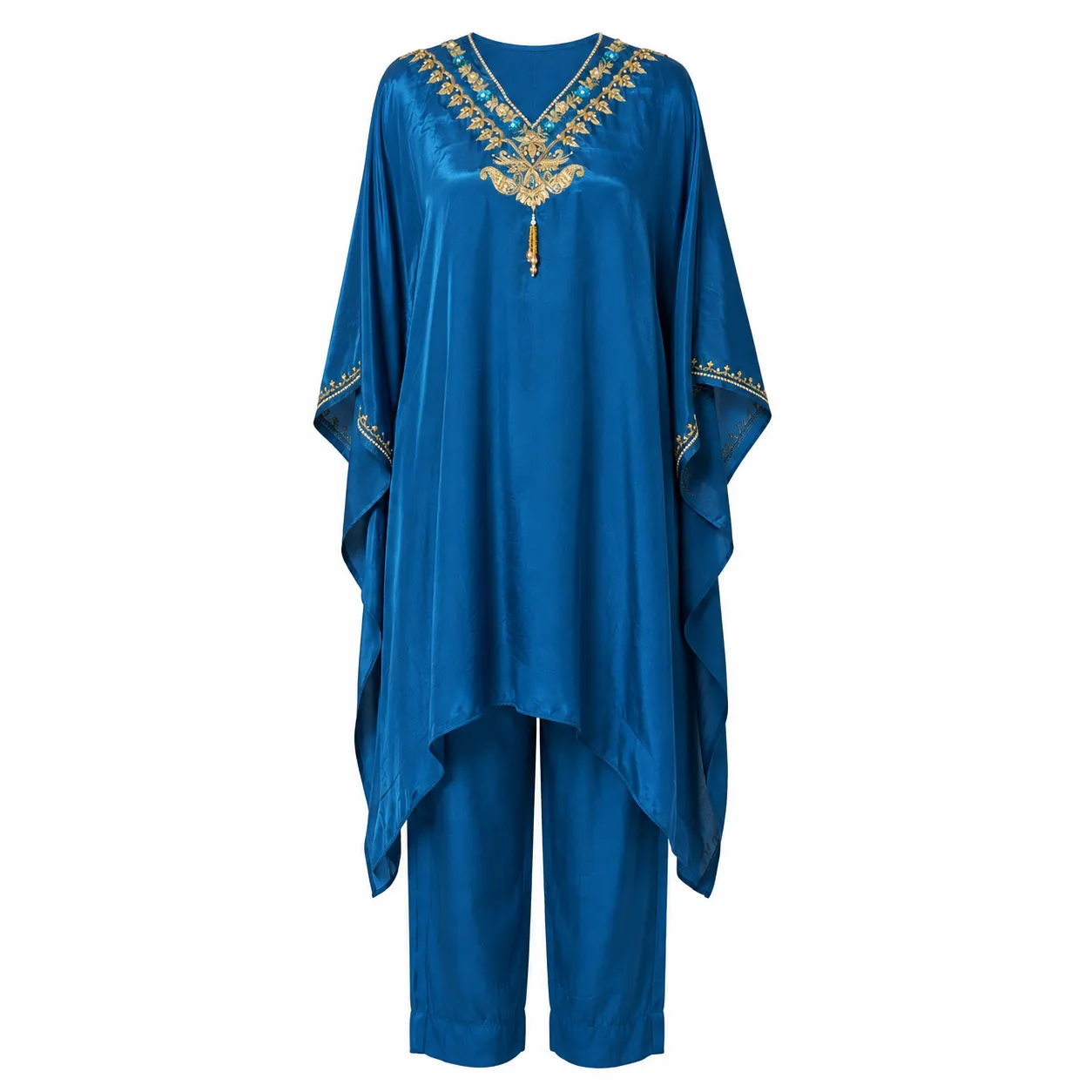 Teal Blue Embroidered Kaftan Set with Relaxed Pants